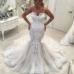 Charming Mermaid Lace Wedding Dresses Spaghetti-Straps Long Tulle Bridal Gowns On Sale