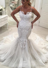 Charming Mermaid Lace Wedding Dresses Spaghetti-Straps Long Tulle Bridal Gowns On Sale