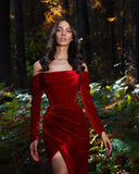 Charming Off Shoulder Red Velvet Evening Maxi Dress with Side Slit