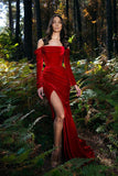 Charming Off Shoulder Red Velvet Evening Maxi Dress with Side Slit