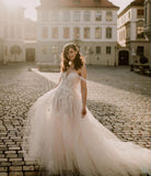 Charming Off The Shoulder Tulle Nude Pink Appliques Wedding Dresses