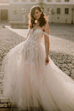 Charming Off The Shoulder Tulle Nude Pink Appliques Wedding Dresses