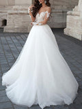 Charming Off The Shoulder White Tulle Backless Wedding Dresses With Lace Appliques