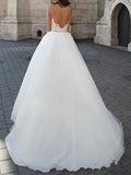 Charming Off The Shoulder White Tulle Backless Wedding Dresses With Lace Appliques