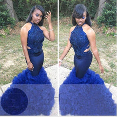 Charming Prom Dresses Beads Ruffles | Halter Sleeveless Royal-Blue Lace Evening Dresses