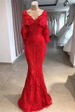 Charming Red Floor-Length Mermaid Prom Dresses | Appliques Shawl Beading Evening Gown BC1551