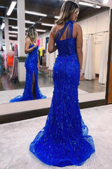 Charming Royal Blue Mermaid Lace Evening Dress With Split One Shoulder