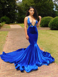 Charming Royal Blue Spaghetti Straps V-neck Lace Mermaid Prom Dresses