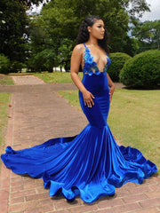 Charming Royal Blue Spaghetti Straps V-neck Lace Mermaid Prom Dresses