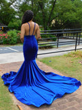 Charming Royal Blue Spaghetti Straps V-neck Lace Mermaid Prom Dresses