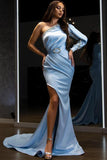 Charming Sky Blue One Shoulder Satin Mermaid Evening Party Dress with Front Slit