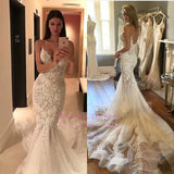 Charming Spaghetti-Strap Mermaid Wedding Dress Lace Zipper Button Tulle Bridal Gowns