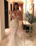 Charming Spaghetti-Strap Mermaid Wedding Dress Lace Zipper Button Tulle Bridal Gowns