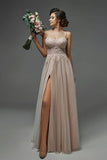 Charming Spaghetti Straps Lace Appliques Evening Dress with Side Slit