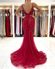 Charming V-Neck Mermaid Evening Dress Sleeveless Tulle Beadings Prom Dress