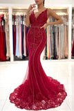 Charming V-Neck Mermaid Evening Dress Sleeveless Tulle Beadings Prom Dress