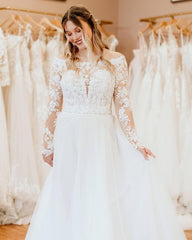 Charming White Floral Lace Tulle Plus Size Bridal Dress with Long Sleeves