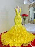 Charming Yellow Spaghetti Straps V-neck Tiered Transparent Lace Mermaid Prom Dresses