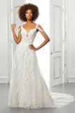 Chic A-line Tulle Lace Cold-Sleeves Wedding Dress with Train On Sale