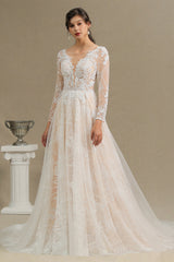 Chic A-line Tulle Lace Wedding Dress | Long Sleeves Ivory Bridal Gowns