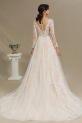 Chic A-line Tulle Lace Wedding Dress | Long Sleeves Ivory Bridal Gowns