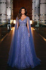 Chic Blue Long V-neck Beading Evening Dress With Ruffles Online