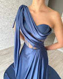 Chic Long Blue One Shoulder Sleeveless Prom Dresses