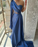 Chic Long Blue One Shoulder Sleeveless Prom Dresses