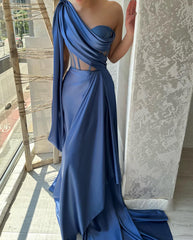 Chic Long Blue One Shoulder Sleeveless Prom Dresses