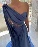 Chic Long Blue One Shoulder Sleeveless Prom Dresses