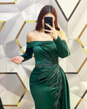 Chic Long Dark Green Mermaid Off-the-shoulder Lace Evening Prom Dresses With Long Sleeves