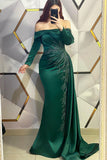 Chic Long Dark Green Mermaid Off-the-shoulder Lace Evening Prom Dresses With Long Sleeves