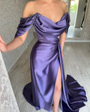 Chic Long Purple Off-the-shoulder Sleeveless Prom Dresses With Split