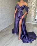 Chic Long Purple Off-the-shoulder Sleeveless Prom Dresses With Split