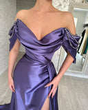 Chic Long Purple Off-the-shoulder Sleeveless Prom Dresses With Split