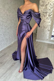 Chic Long Purple Off-the-shoulder Sleeveless Prom Dresses With Split