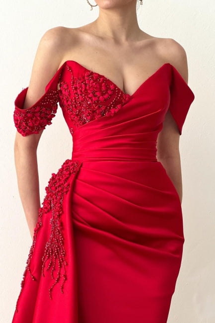 Red Lace Prom Dresses Mermaid Off the Shoulder Long Formal Evening  Gowns,MP557