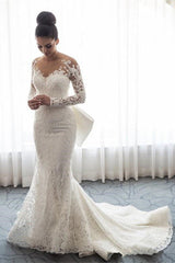 Chic Long Sleeve Mermaid Lace Wedding Dress With Detachable Train