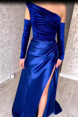 Chic Long Strapless A-Line Split Front Evening Prom Dresses With Long Sleeves