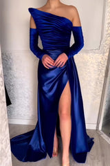 Chic Long Strapless A-Line Split Front Evening Prom Dresses With Long Sleeves