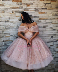 Chic Off-The-Shoulder Ball Gown Tulle Homecoming Dresses | Pink Puffy Short Prom Dresses On Sale