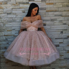 Chic Off-The-Shoulder Ball Gown Tulle Homecoming Dresses | Pink Puffy Short Prom Dresses On Sale