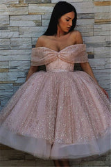 Chic Off-The-Shoulder Ball Gown Tulle Homecoming Dresses | Pink Puffy Short Prom Dresses On Sale