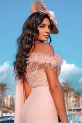 Chic One Shoulder Light Pink Sequins Sheath Prom Dresses With Fur