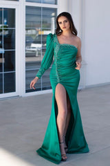 Chic One Shoulder Long Sleeve Prom Dress Mermaid Evening Gowns With Slit