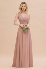 Chic Ruffles V-Neck Elegant Dusty Pink Bridesmaid Dresses On Sale