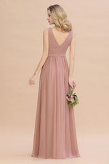 Chic Ruffles V-Neck Elegant Dusty Pink Bridesmaid Dresses On Sale