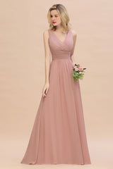 Chic Ruffles V-Neck Elegant Dusty Pink Bridesmaid Dresses On Sale