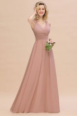 Chic Ruffles V-Neck Elegant Dusty Pink Bridesmaid Dresses On Sale