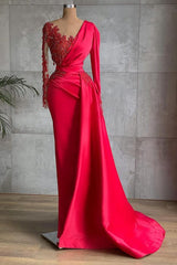 Chic Satin Long Sleeves Ruby Lace Appliques Ruffles Mermaid Prom Dresses